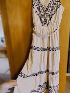 Brand New! Savanna Jane Cream Maxi Dress with Black Geometric Embroidery